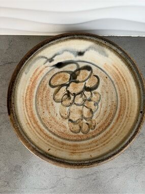 Handmade Vintage Pottery Serving Bowl in Cream and Brown with Grapevine Motif